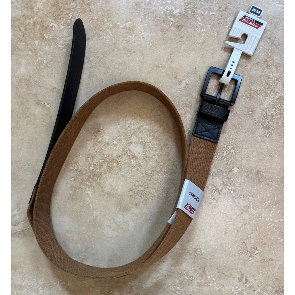 Dickies Belt Men 50-52 Brown Utility Stretch Webbed LeatherTrim Black Buckle NEW